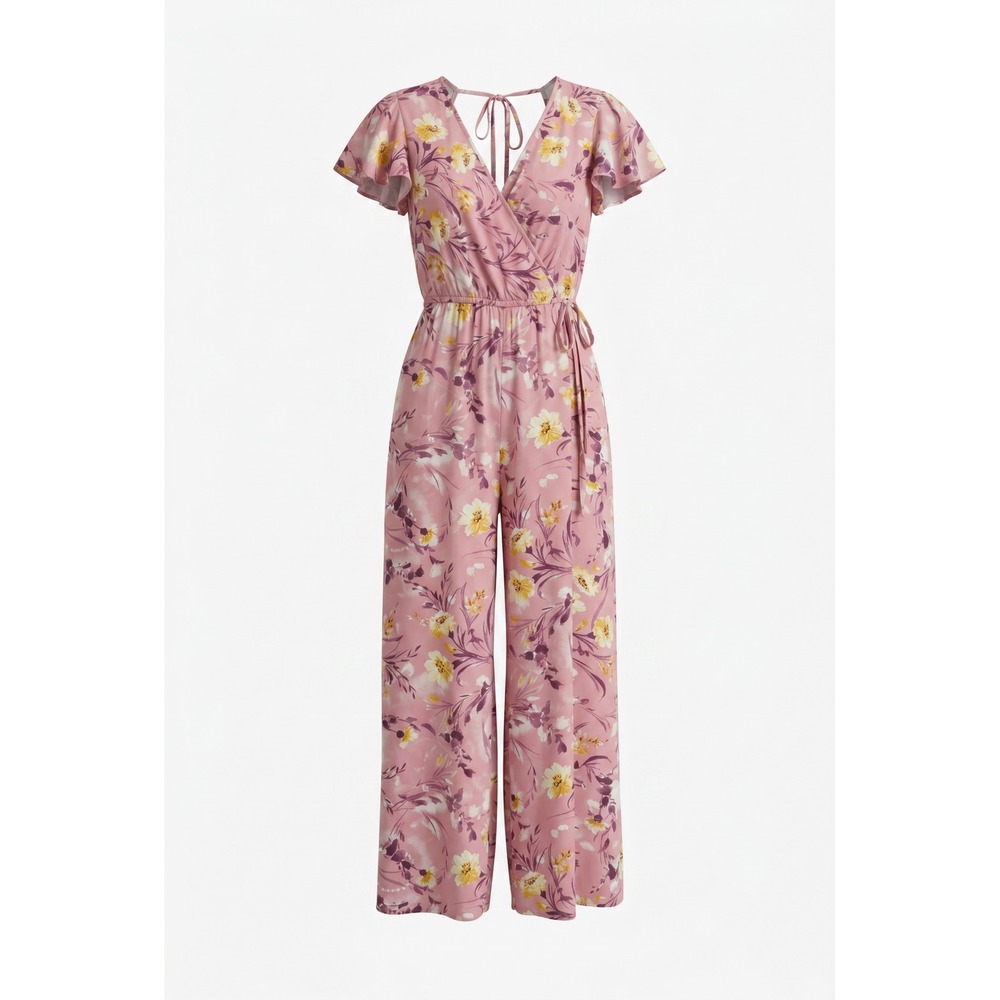 B.O.G Collective Floral Wide‎ Leg Jumpsuit Pink Flutter Sleeve Wrap Front Small